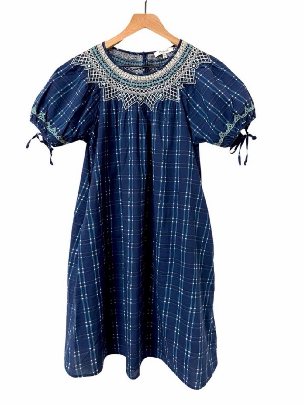 Madewell Embroidered Puff-Sleeve Babydoll Dress in Indigo Plaid XXS - Picture 2 of 5